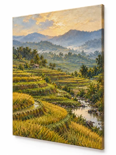 Angled view of Morning in the Rice Fields painting on a plain white background