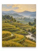 Morning in the Rice Fields painting on a plain white background
