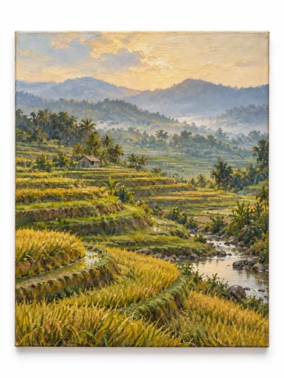 Morning in the Rice Fields painting on a plain white background
