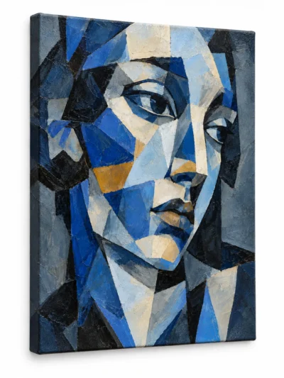 Angled view of Portrait in Blue painting on a plain white background