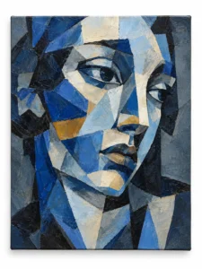 Portrait in Blue painting on a plain white background