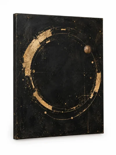 Angled view of Golden Orbit painting on a plain white background