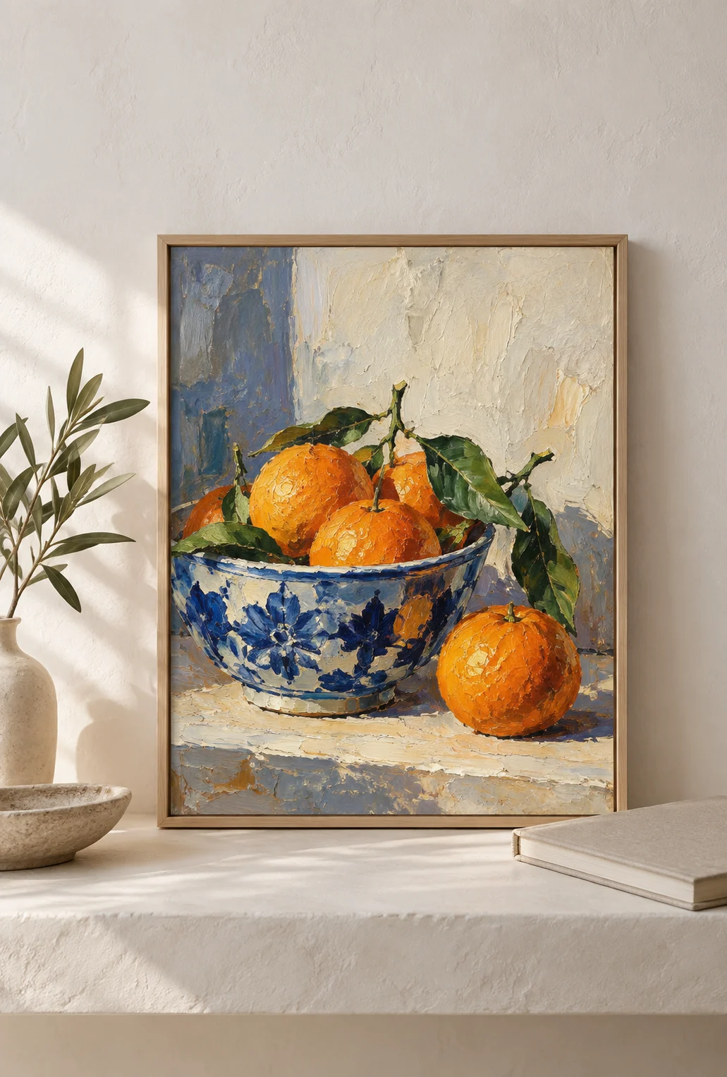 An orange still-life painting in a pale oak frame on a light shelf