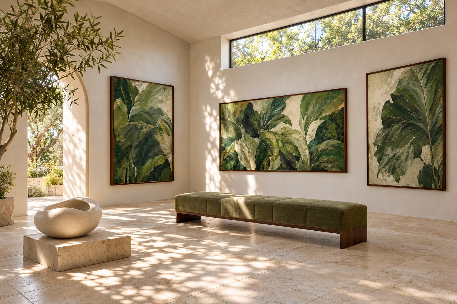 Concept of a botanical art room with green paintings and an olive bench
