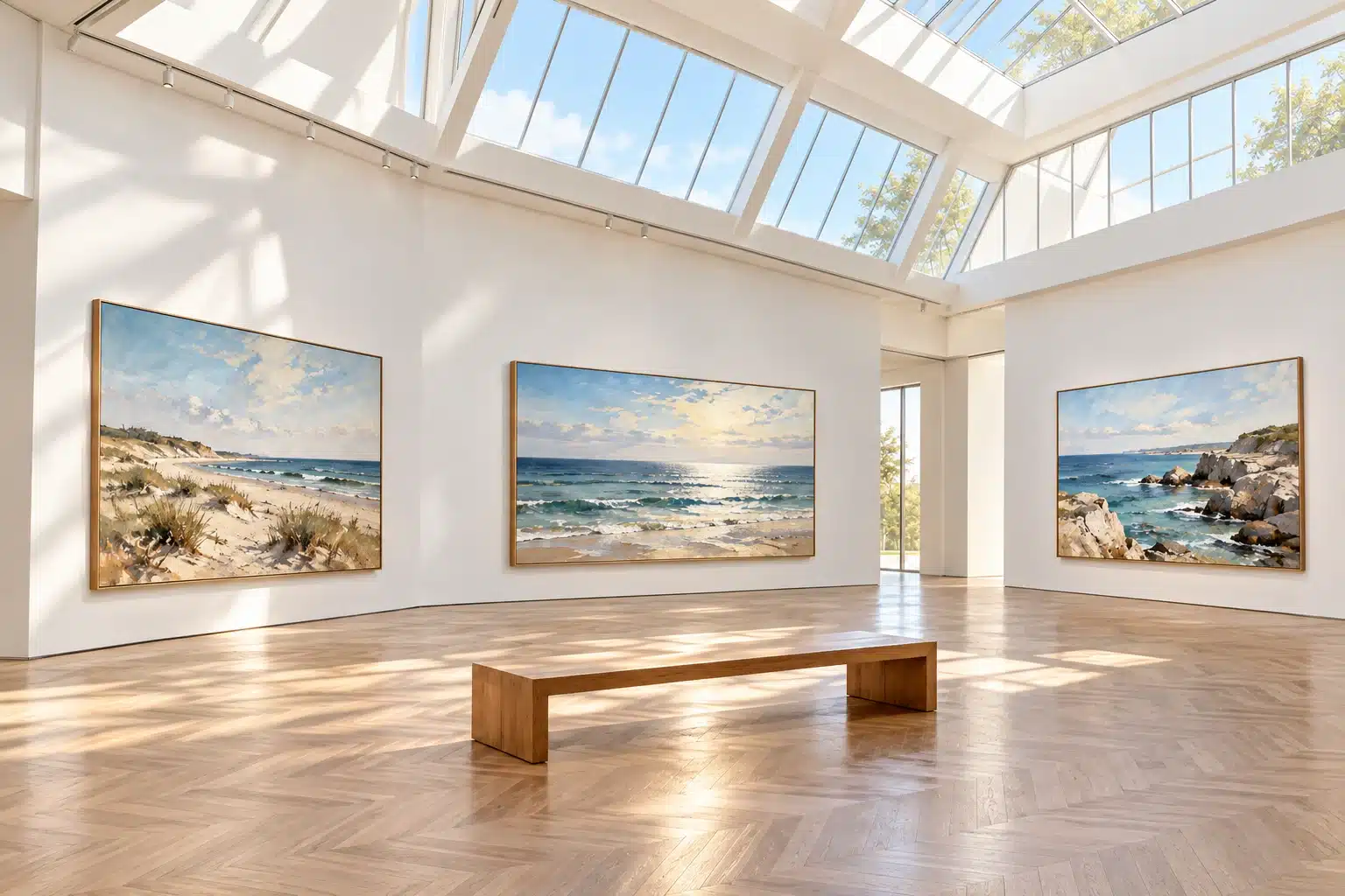 Concept of a bright white art gallery with coastal paintings and an oak bench