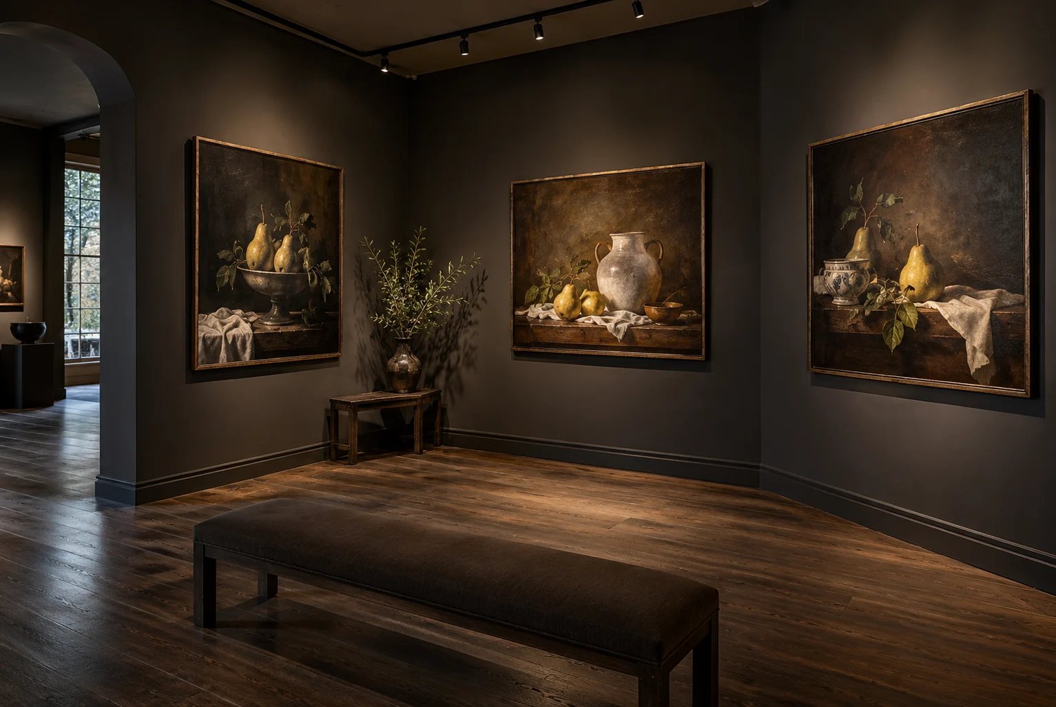 Concept of an intimate dark gallery with still life paintings