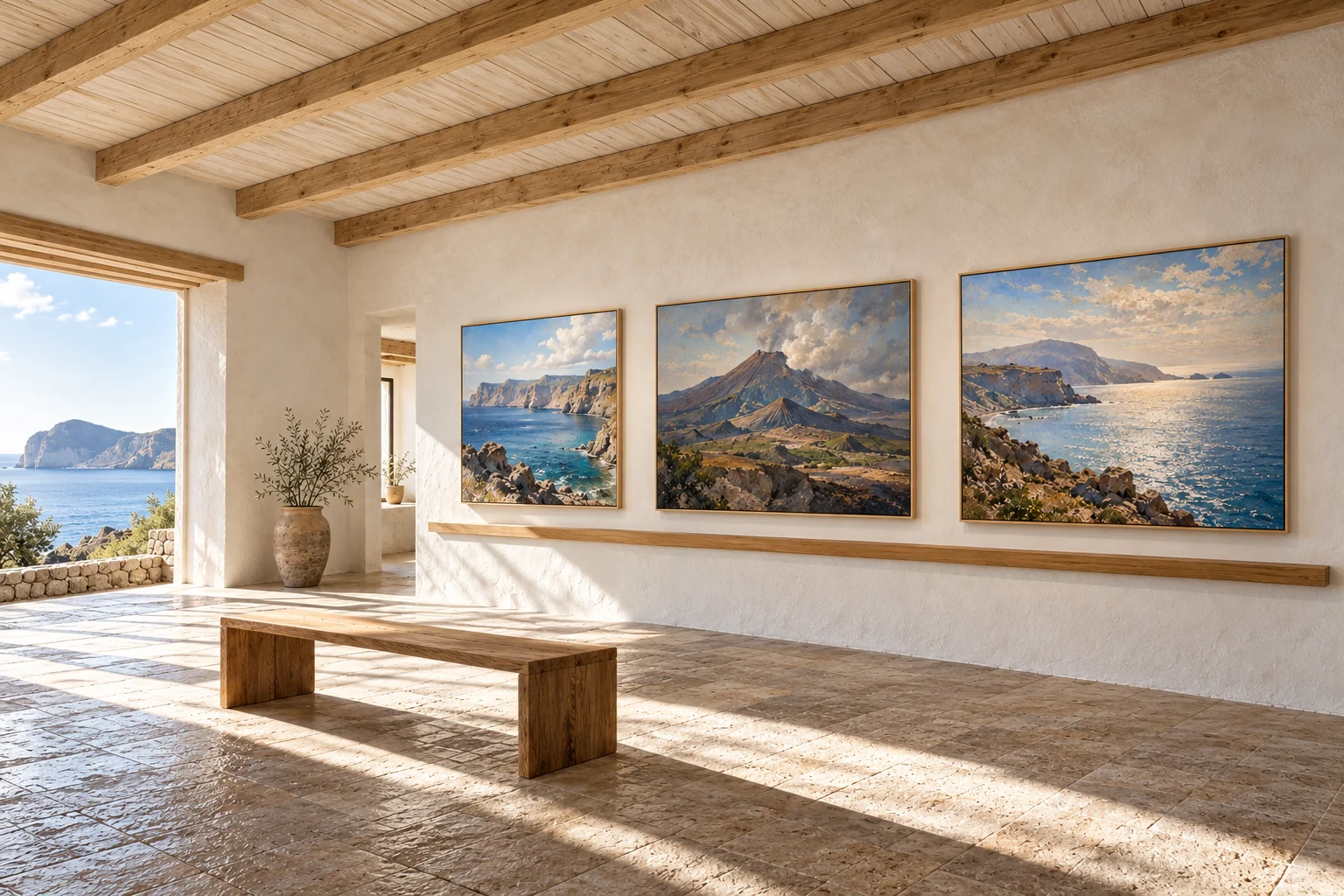 Concept of an island-inspired art studio with seascape and mountain paintings