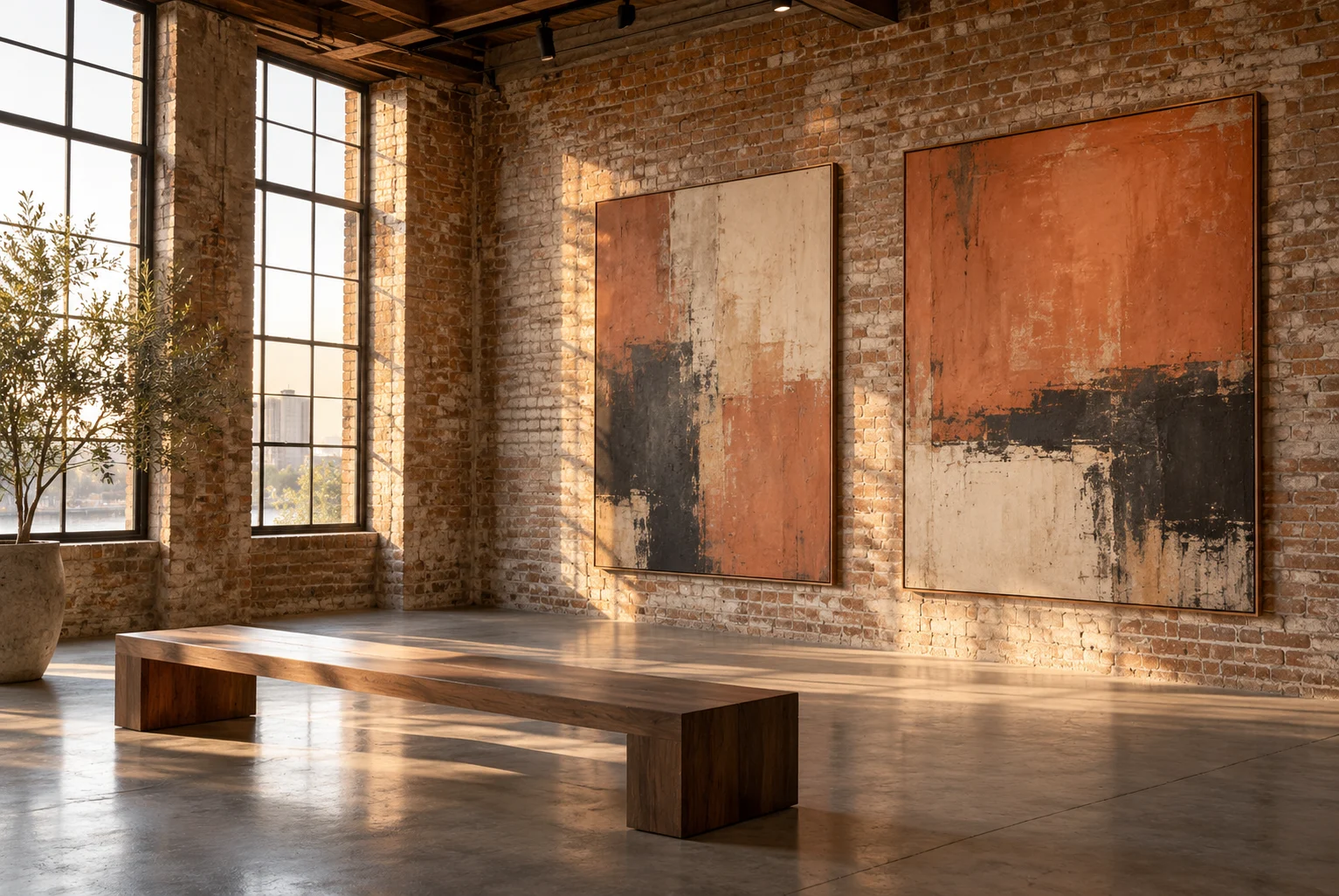 Concept of a brick loft gallery with terracotta abstract paintings
