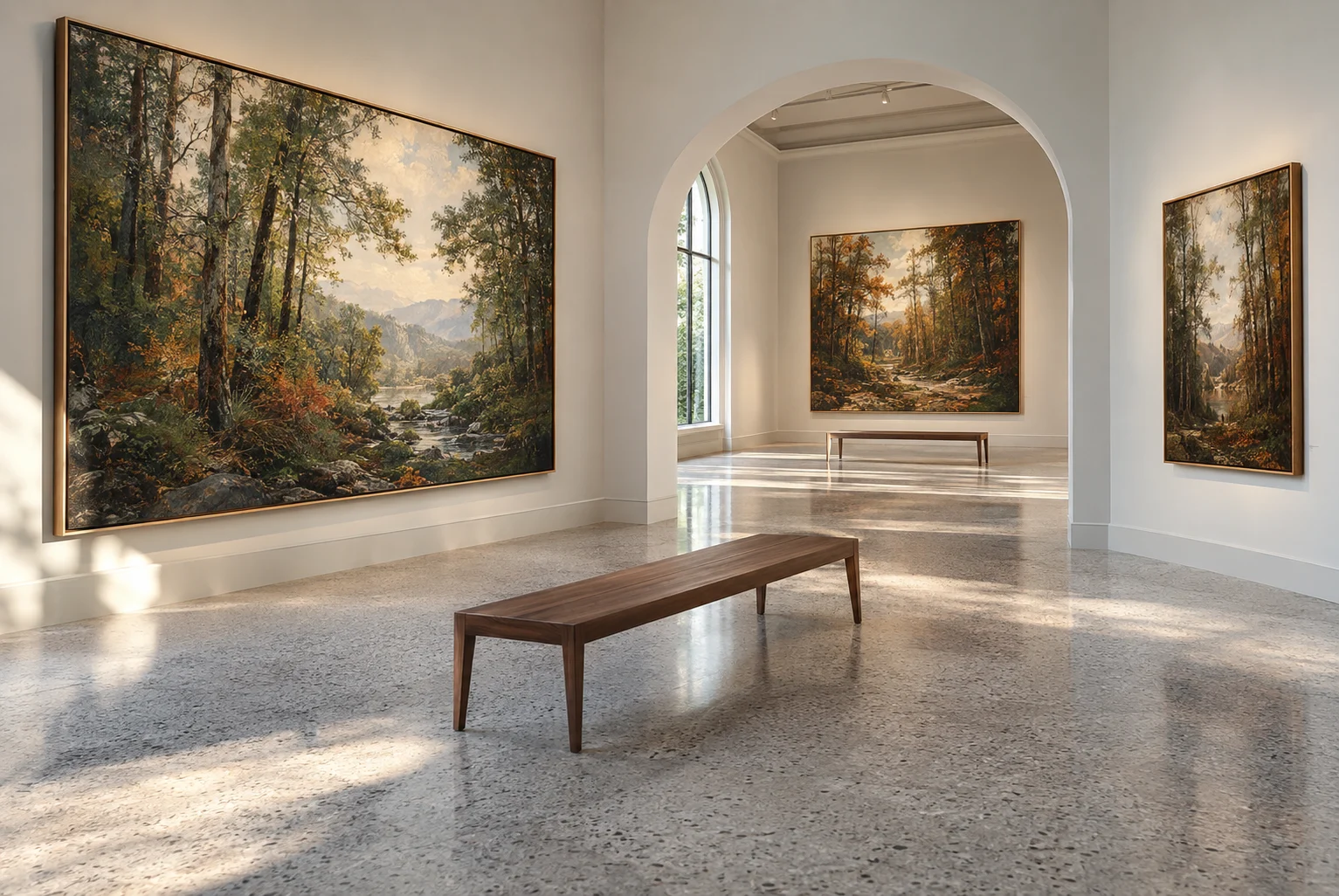 Concept of a woodland painting gallery with a white arch and walnut benches